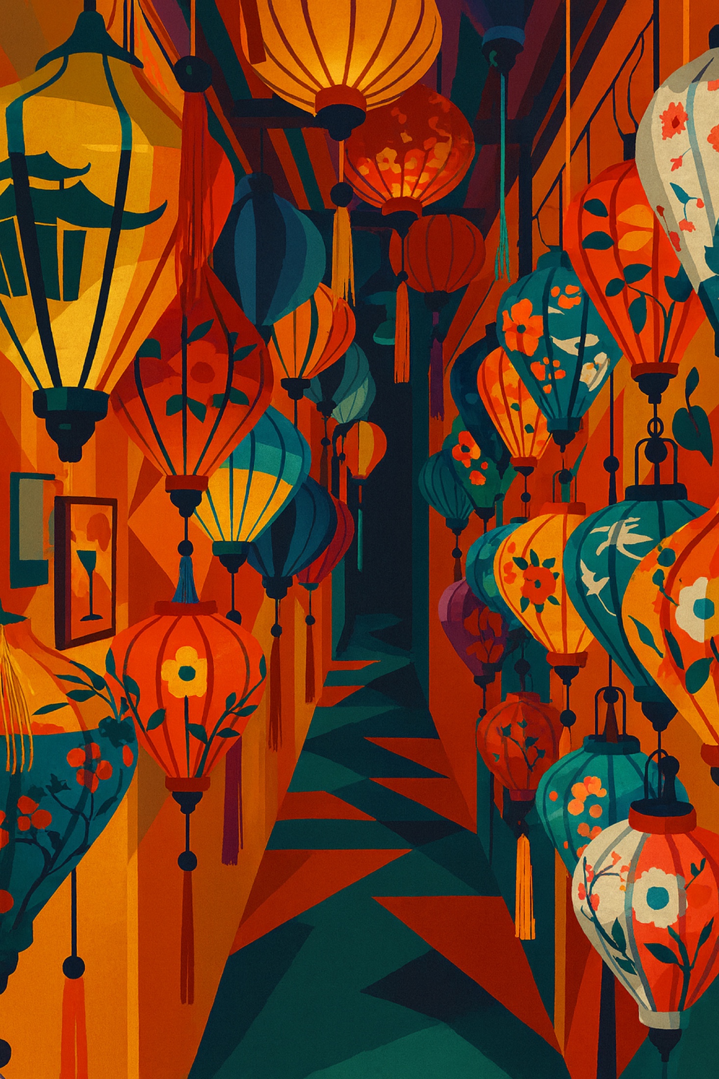 Handmade lanterns crowd the narrow alley, layering red, blue and gold into a luminous canopy. Their glow transforms the passage from a route through the city into a world of its own.