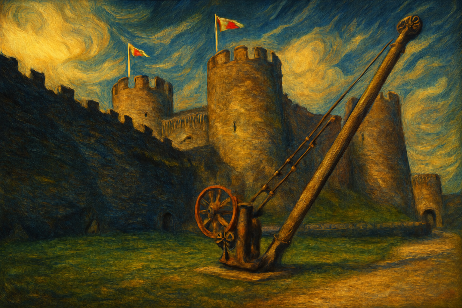 A medieval lifting crane stands before the castle walls, its long timber arm cutting across towers and restless sky. The mechanism brings a more human history into view, revealing the ingenuity and labour behind monumental architecture.
