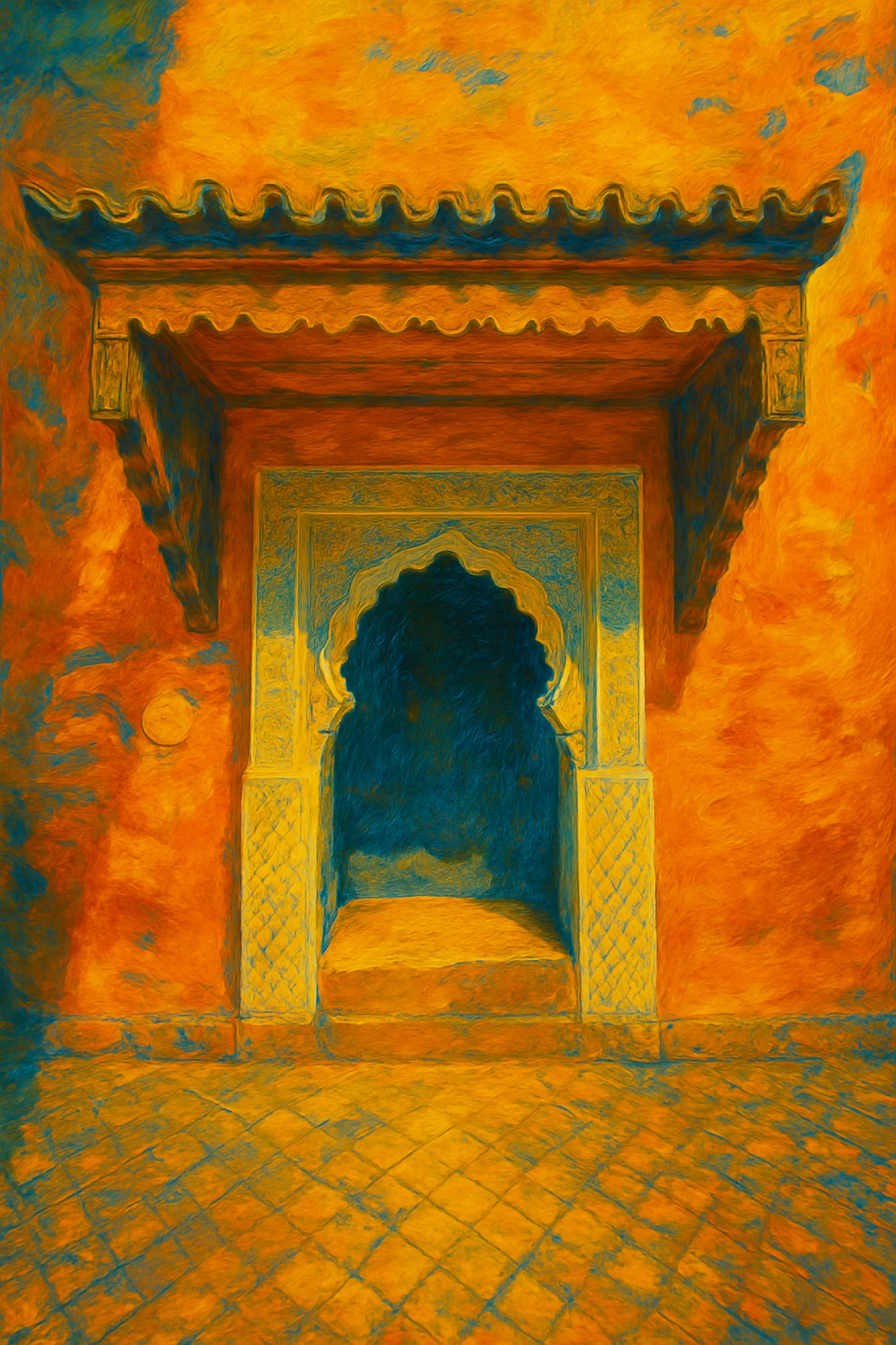 An ornate doorway opens as a cool blue shadow within a wall of saturated orange. Pattern, texture and contrasting colour turn a simple threshold into an object of mystery — an entrance that withholds as much as it reveals.