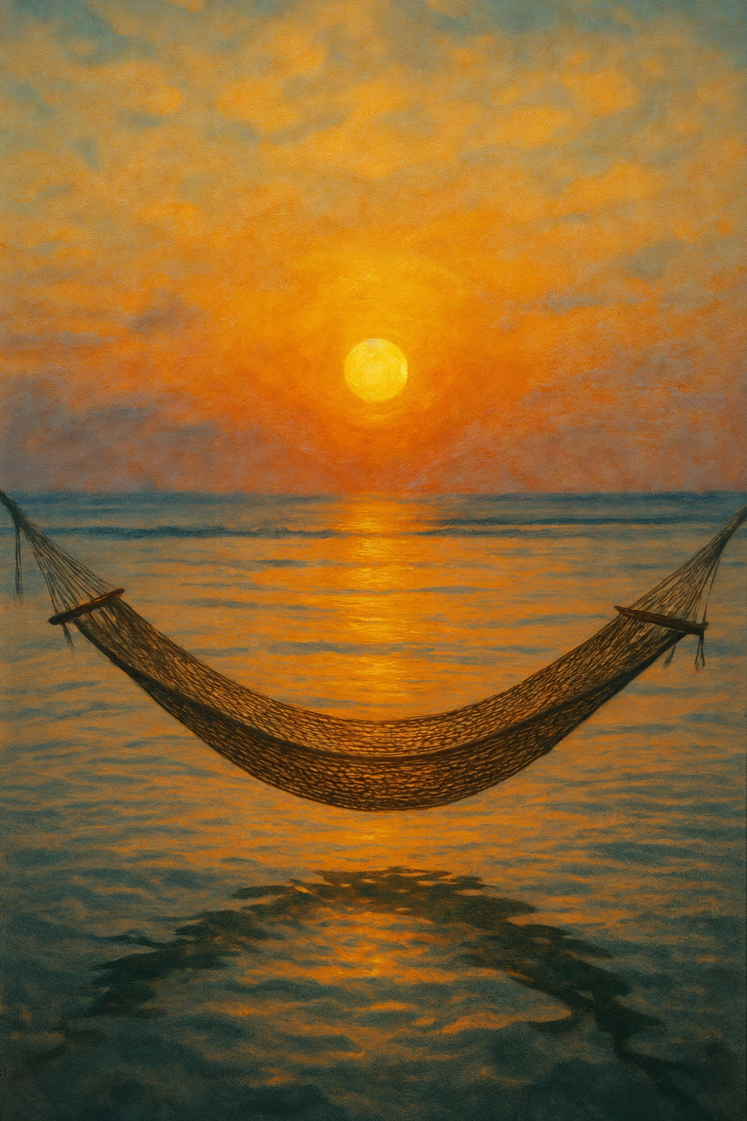 An empty hammock rests between the viewer and a calm, glowing horizon. With no figure present, the scene becomes an invitation: a pause held open while the sun lowers and the water absorbs its colour.